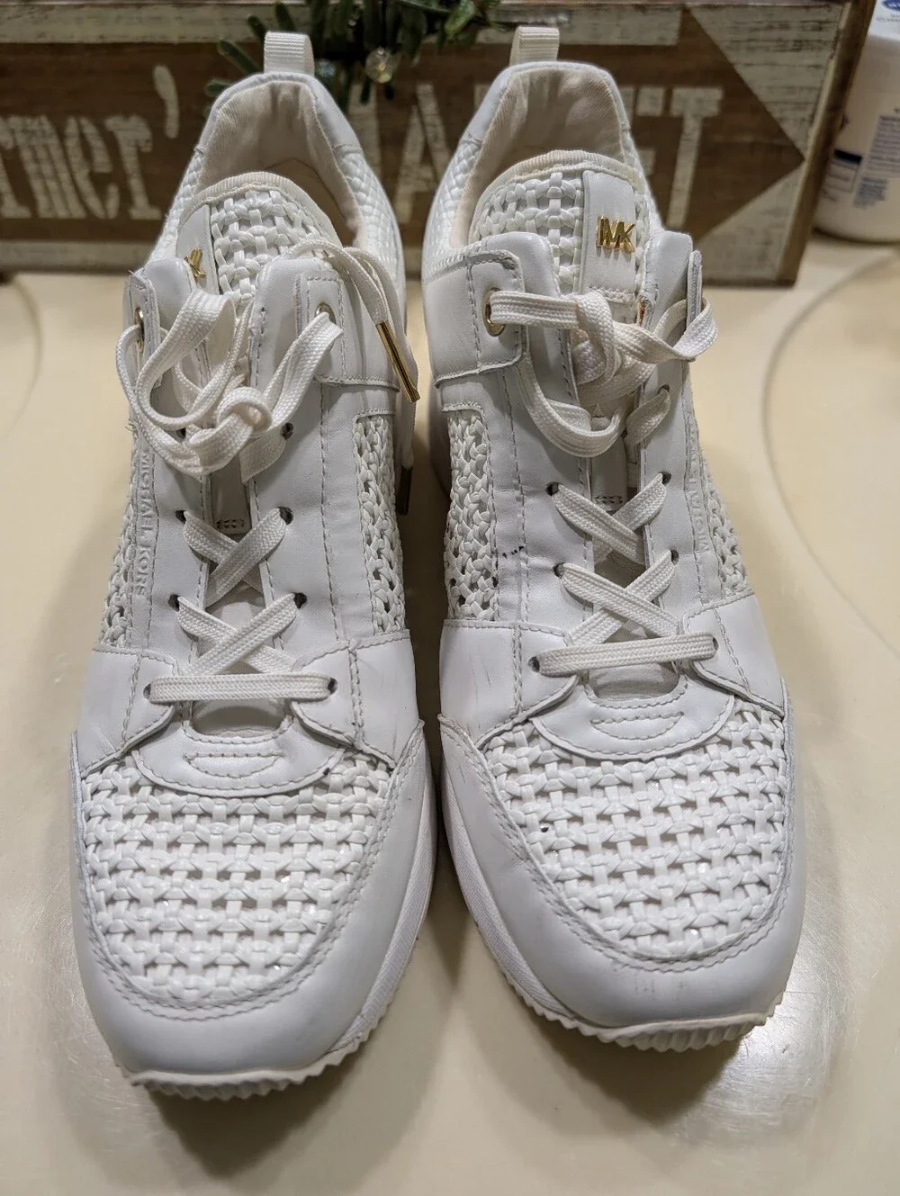 Michael Kors Georgie White Woven 8.5 Platform Sneakers with Gold Heel Accent.